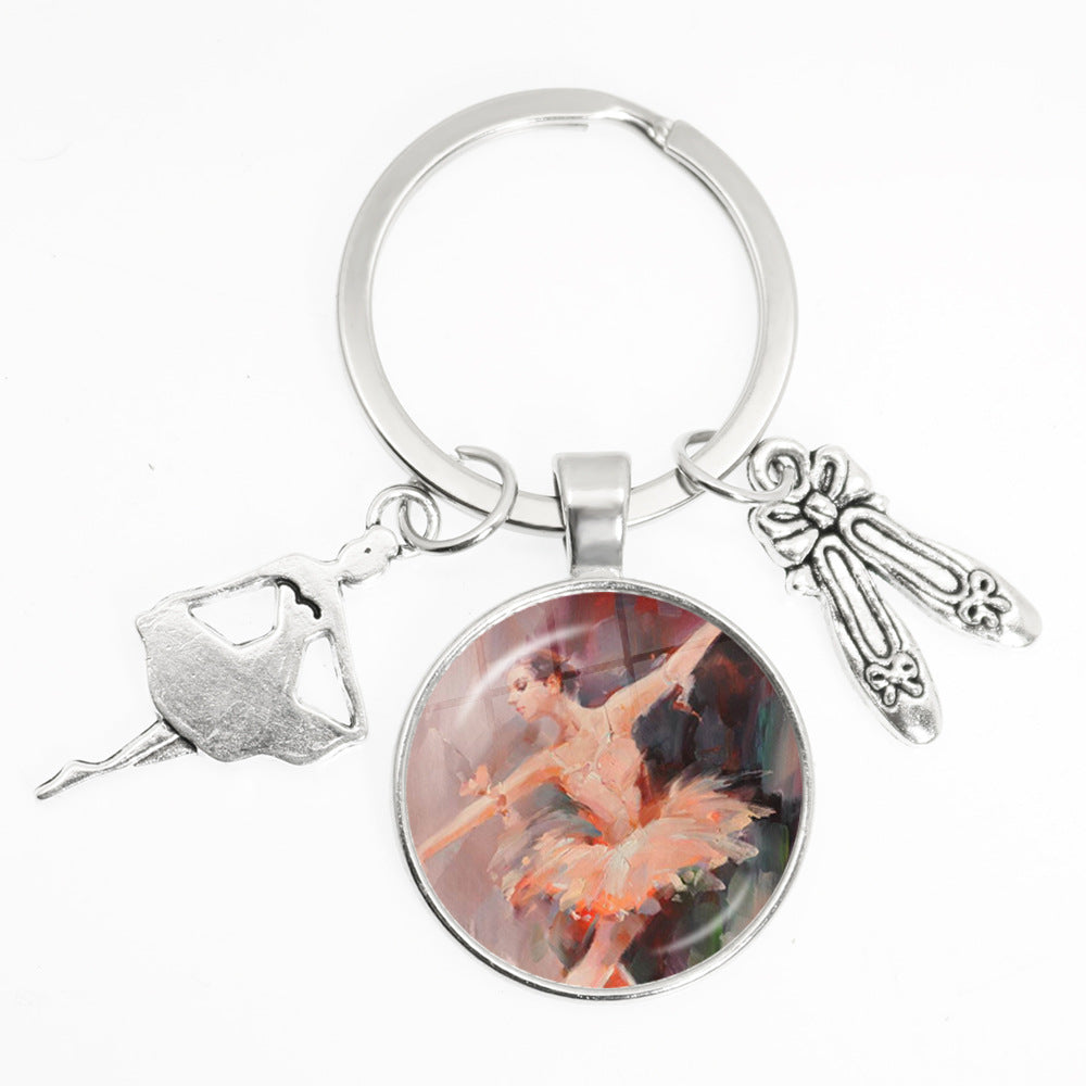 Artistic Ballet Dancer Round Alloy Metal Keychain Pendant