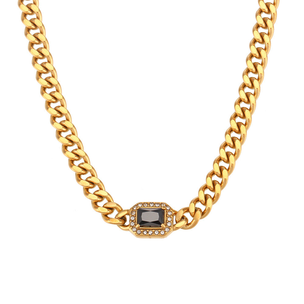 18K Gold Plated Zircon Stainless Steel Cuban Chain Bracelet Necklace Set