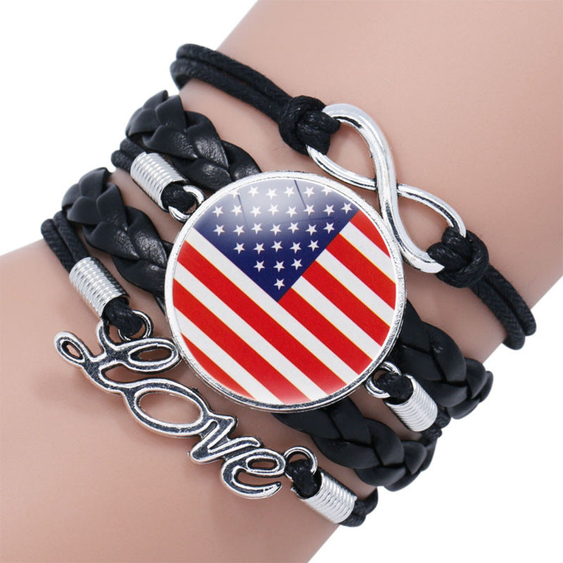 American Flag Multi-Layer PU Leather Bracelet with Gemstone Accents