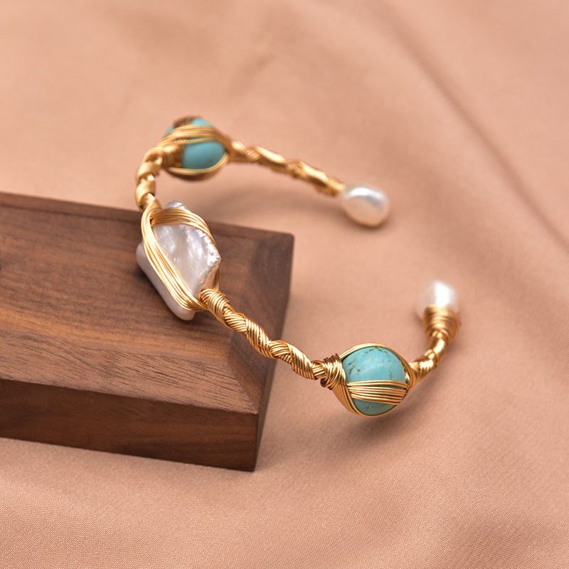 Retro Geometric Turquoise Crystal 18k Gold Plated Freshwater Pearl Bangle Bracelet