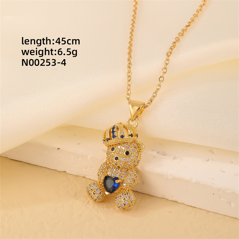 Cute Bear Zircon Pendant Necklace - Gold Plated Stainless Steel