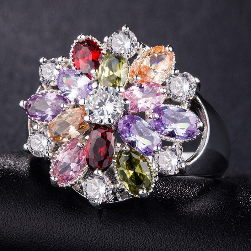 Wholesale Modern Flower Gemstone Silver Plated Party Rings