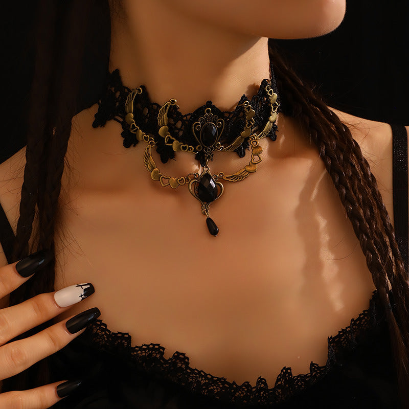 Gothic Rose Wings Lace Tassel Choker Necklace