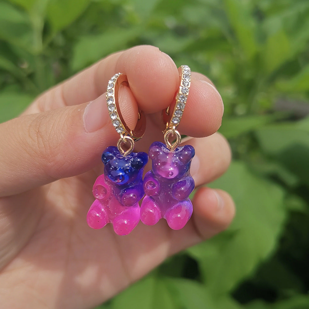 Resin Mini Color Gradient Bear Pendant Earrings