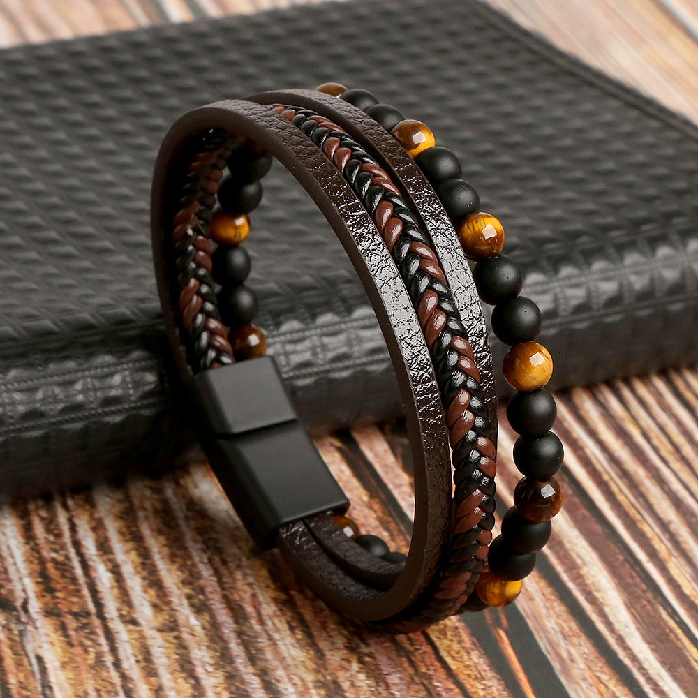 Hip-hop Retro Round PU Leather Natural Stone Men's Bracelet with Stainless Steel and Obsidian Beads