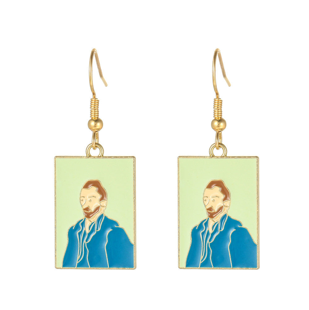 Cartoon Mona Lisa Van Gogh Character Portrait Enamel Alloy Earrings Wholesale