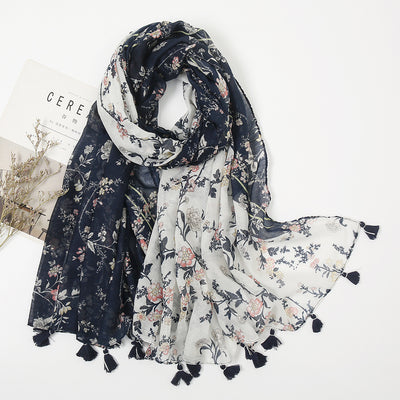 Women's Vintage Bohemian Floral Cotton Linen Print Scarf with Tassels