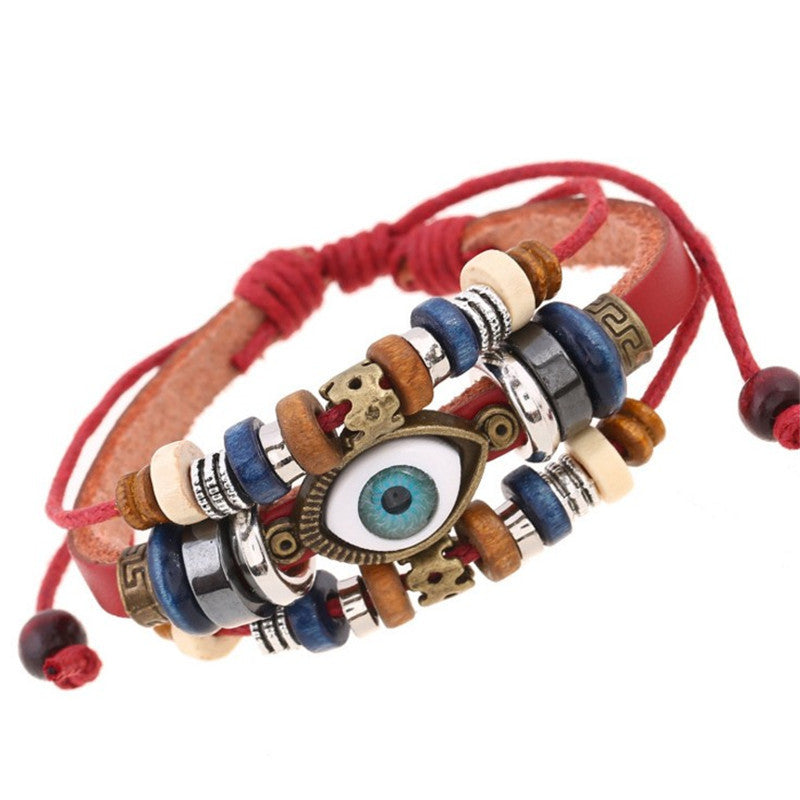 Retro Beaded Eye Leather Bracelet - Adjustable Unisex Jewelry