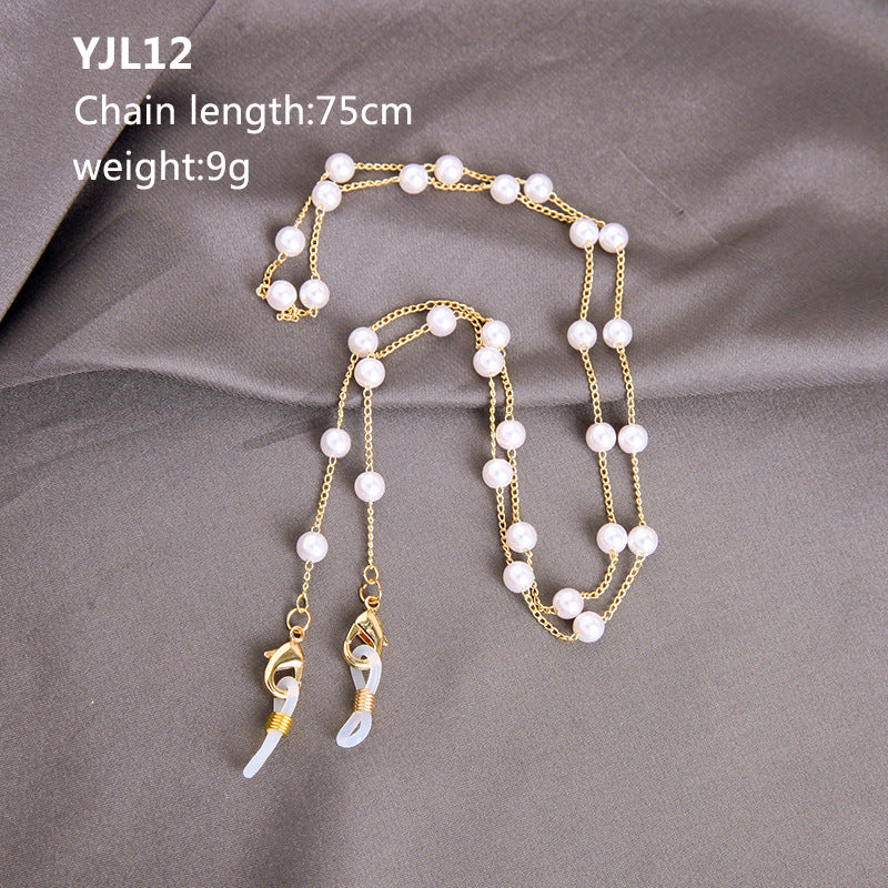 Fashion Geometric Alloy Shell Crystal Pearl Glasses and Mask Chain