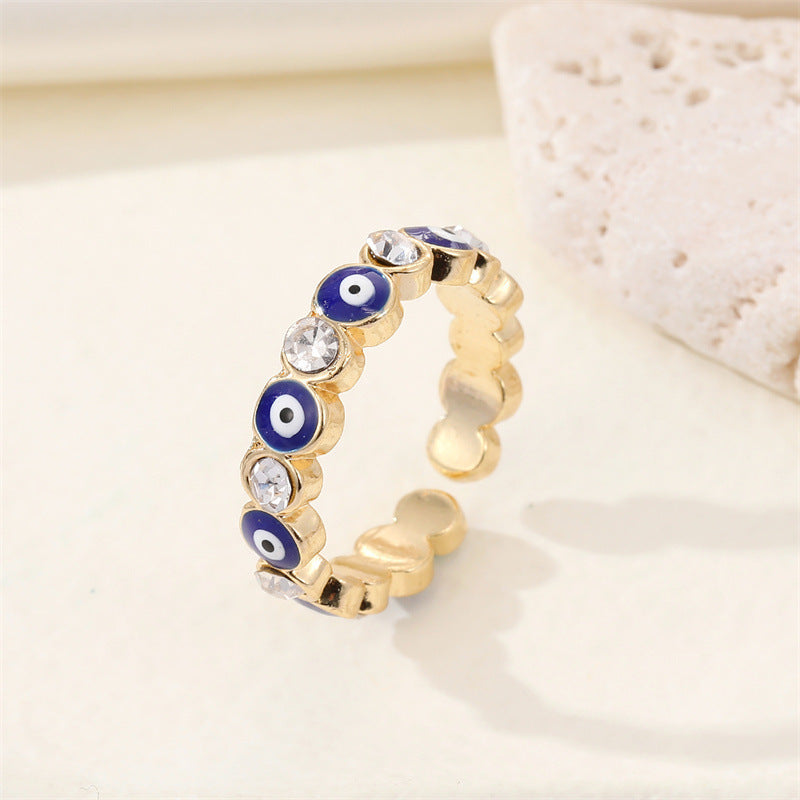 Retro Rhinestone Peach Heart Evil Eye Zircon Alloy Open Ring for Women