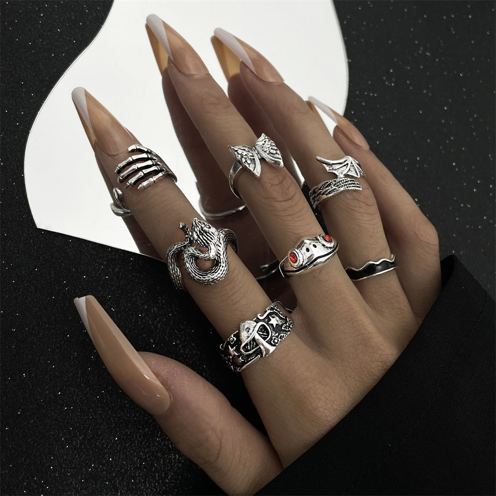 Creative Punk Skull Joker Ring Set - Double Chain & Statement Pieces