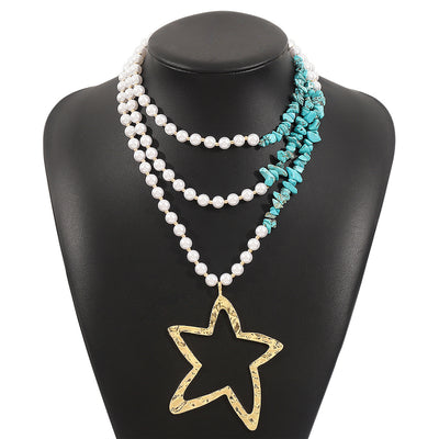 Exaggerated Bohemian Layered Star Beaded Necklace with Imitation Pearl and Turquoise