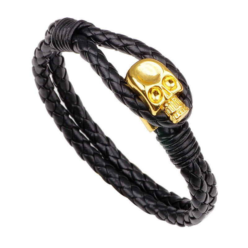 Retro Men's Skull Alloy Buckle Leather Braided Bracelet