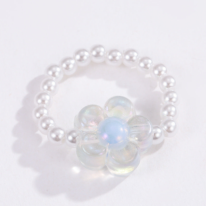 Wholesale Bohemian Flower Glass Beaded Rings with Artificial Pearl