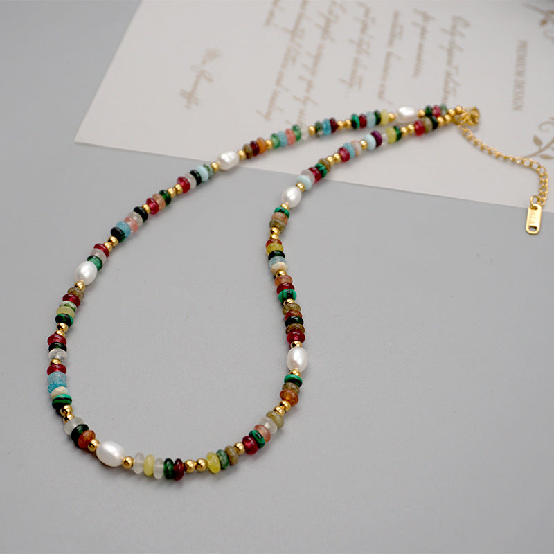 Retro Geometric Crystal & Freshwater Pearl Beaded Necklace for Women