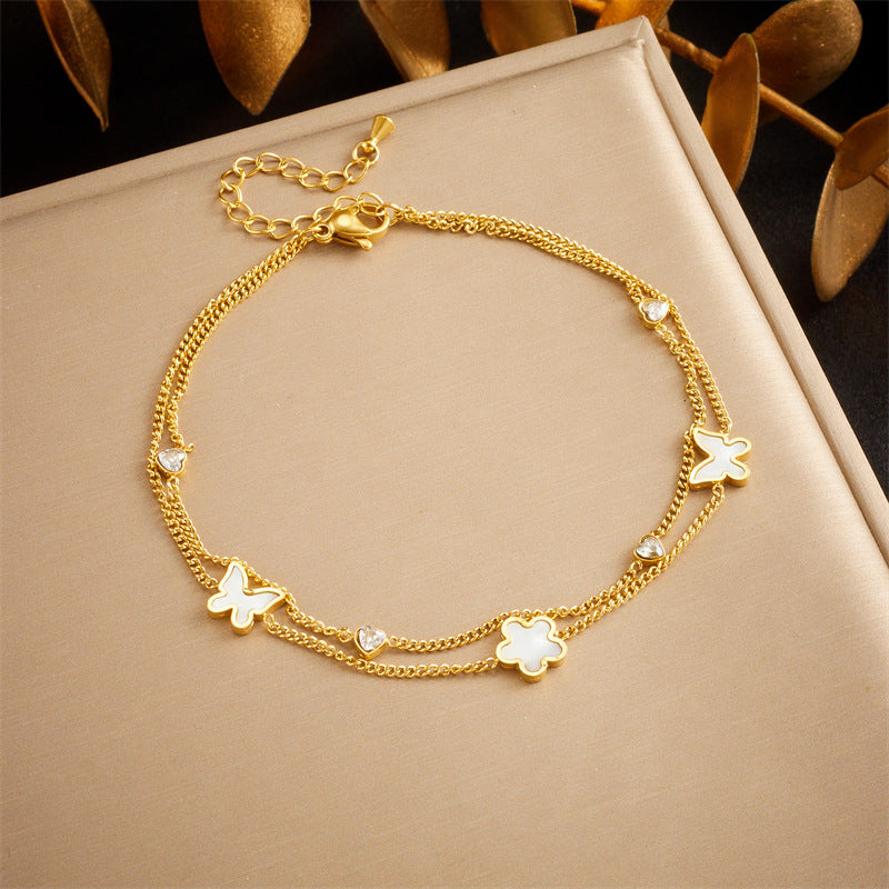 Korean Style Floral Butterfly 18K Gold Plated Stainless Steel Layered Anklet with Roman Charm