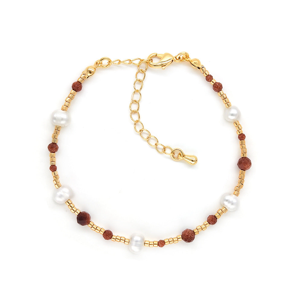 Sweet Color Block Freshwater Pearl and Gold Sandstone Beaded Bracelet for Women