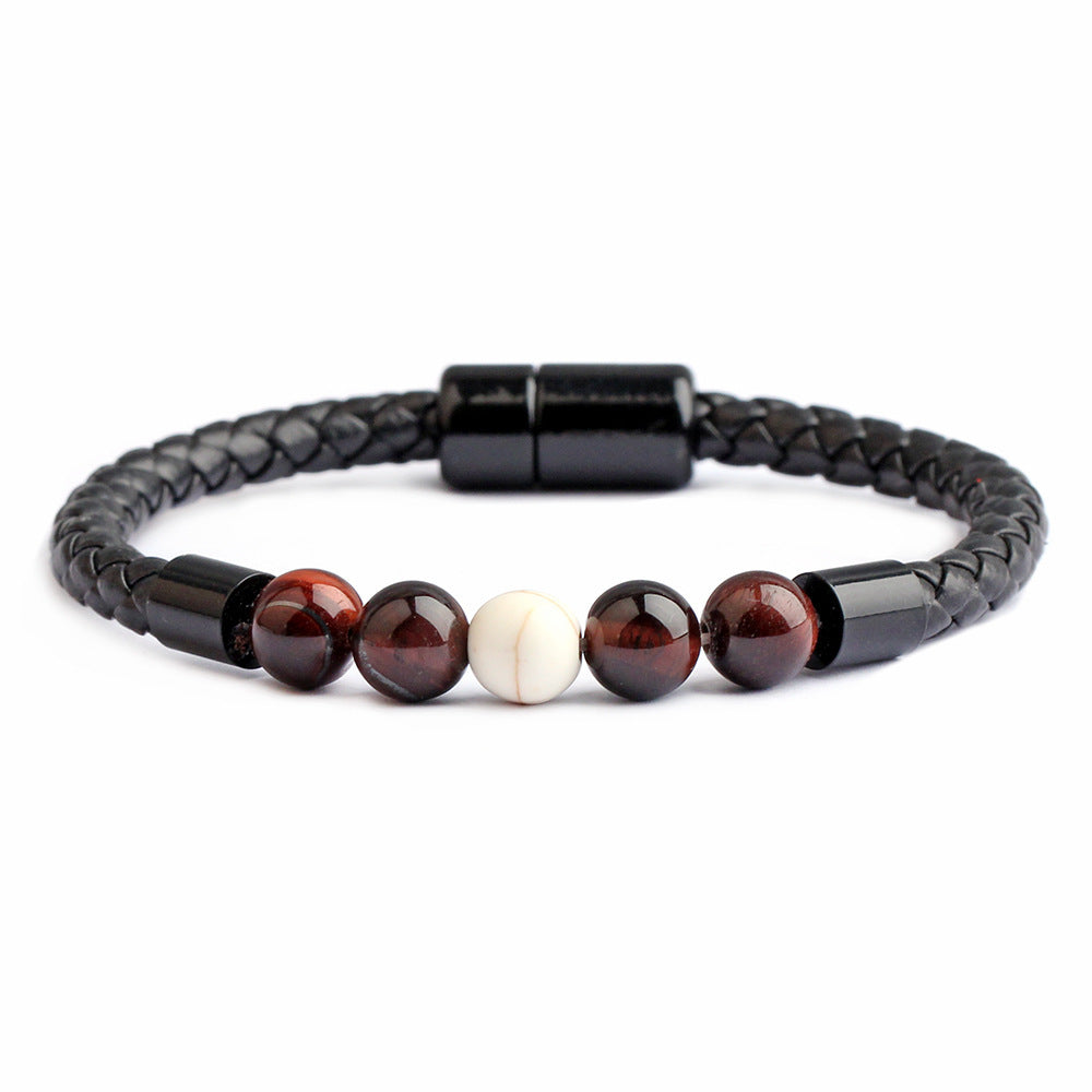 Retro Geometric Tiger Eye Stone Beaded Leather Bracelet