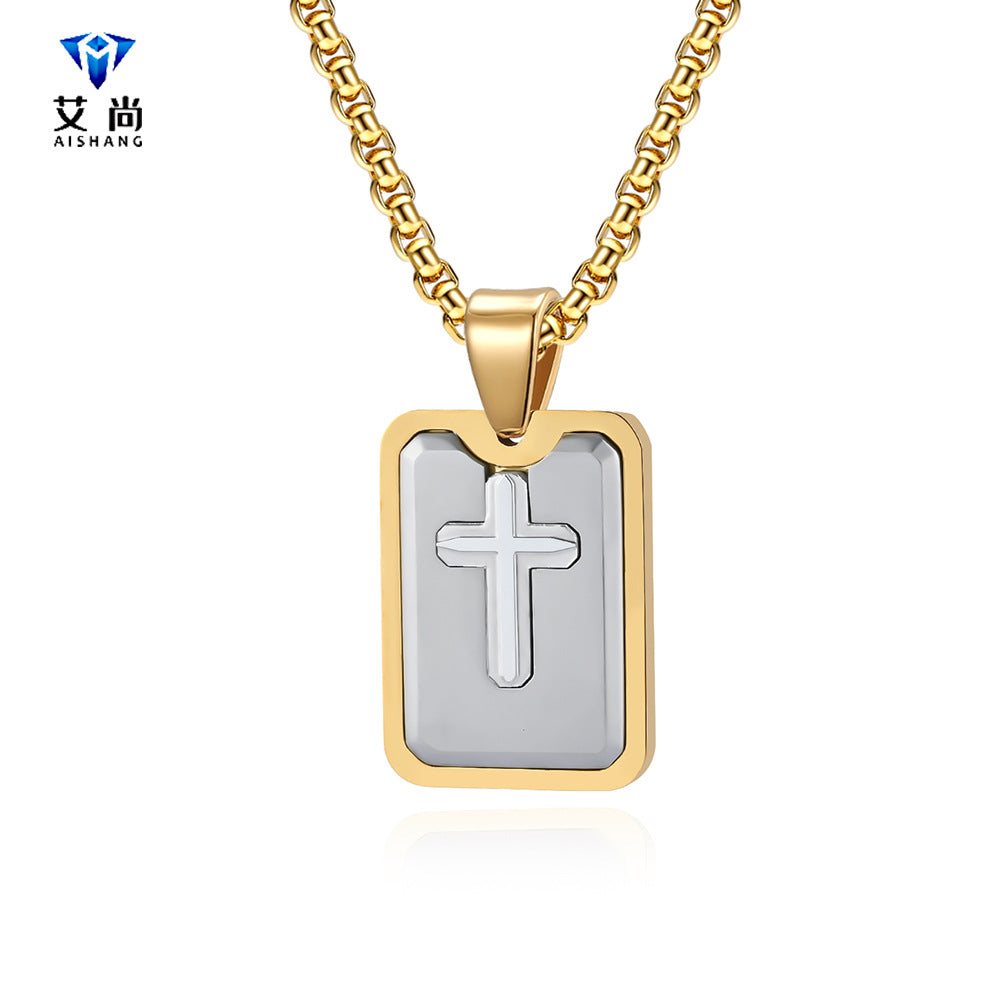 Hip-Hop Retro Cross Titanium Steel Square Pendant Necklace for Men and Women