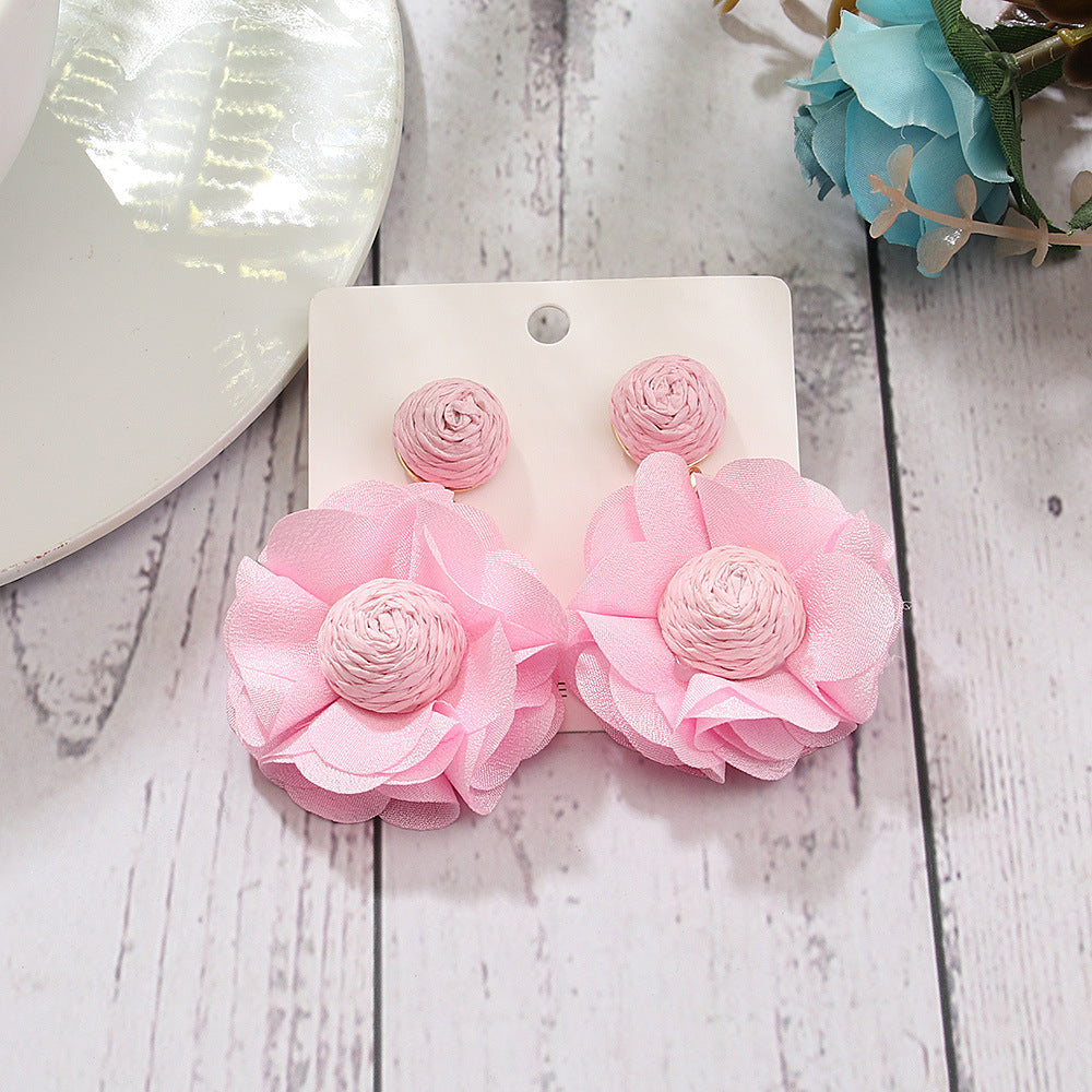 Exaggerated Bohemian Raffia Flower Patchwork Women's Drop Earrings