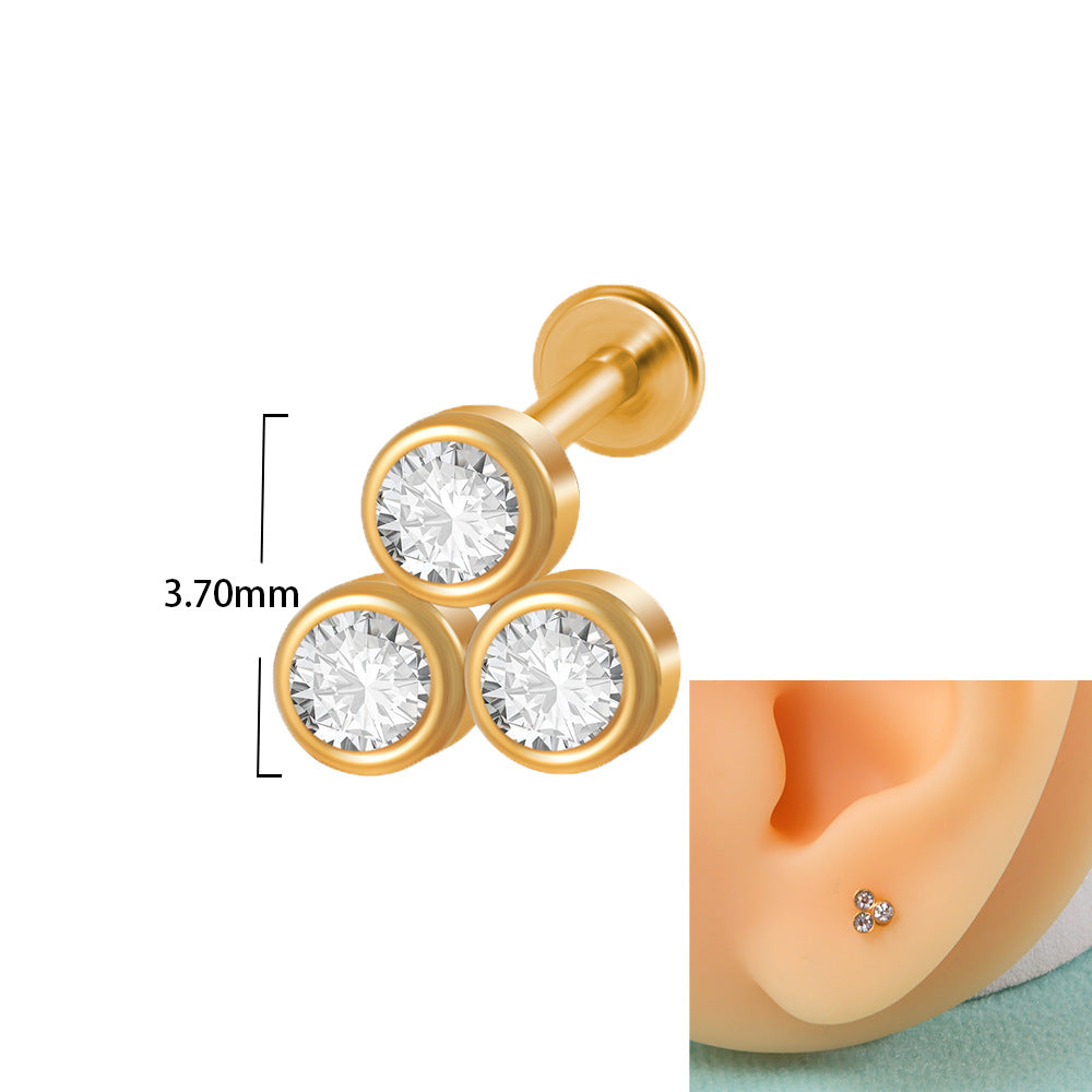 18K Gold Plated Geometric Stainless Steel Lip and Ear Stud Set with Rhinestones