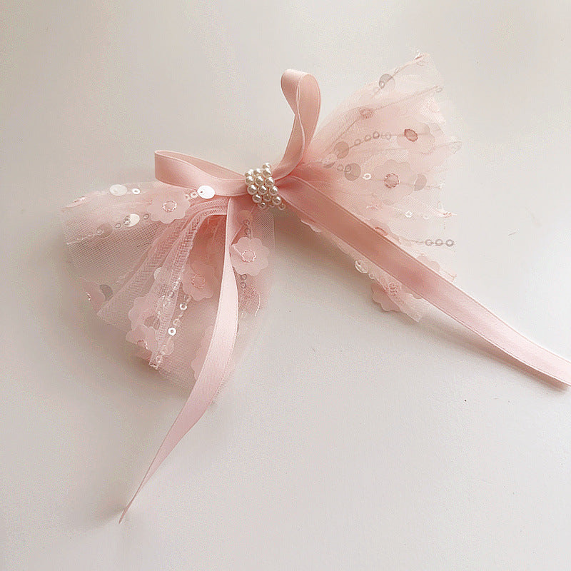 Princess Bow Knot Lace Hair Clip with Pearl Streamer for Girls