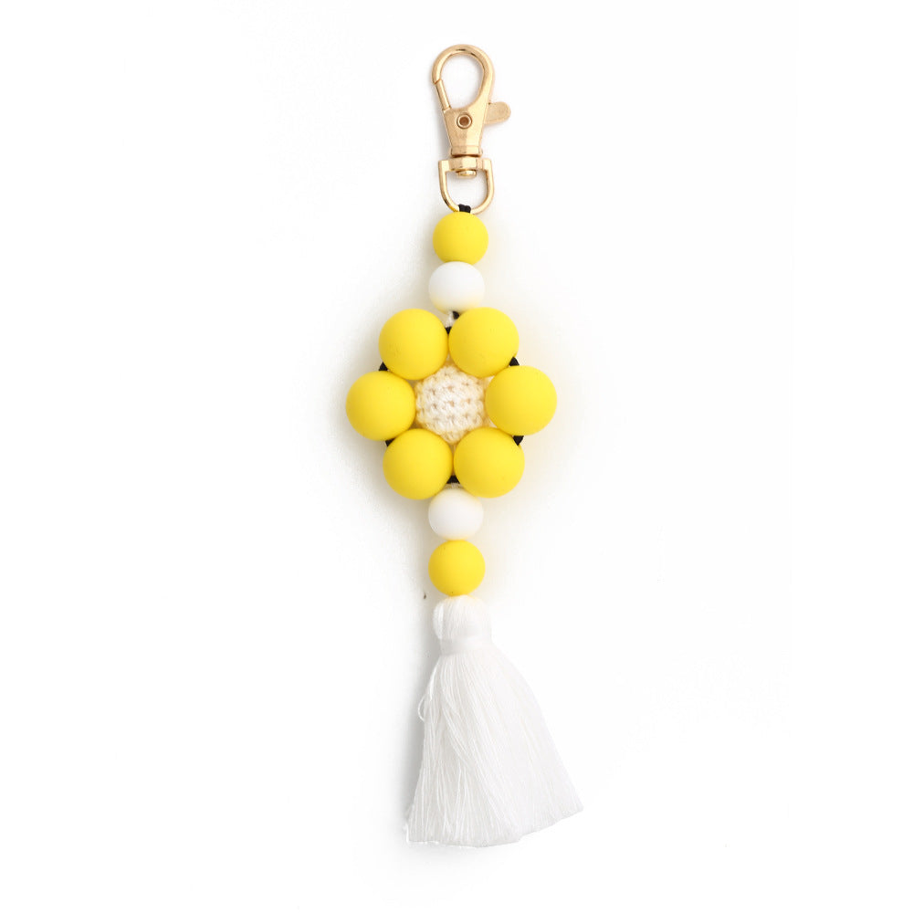 Pastoral Color Block Beaded Silicone Tassel Keychain for Women