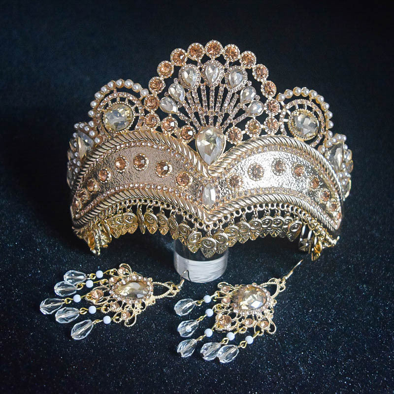 Retro Ethnic Gold Crown Pearl Bridal Headpiece Earrings