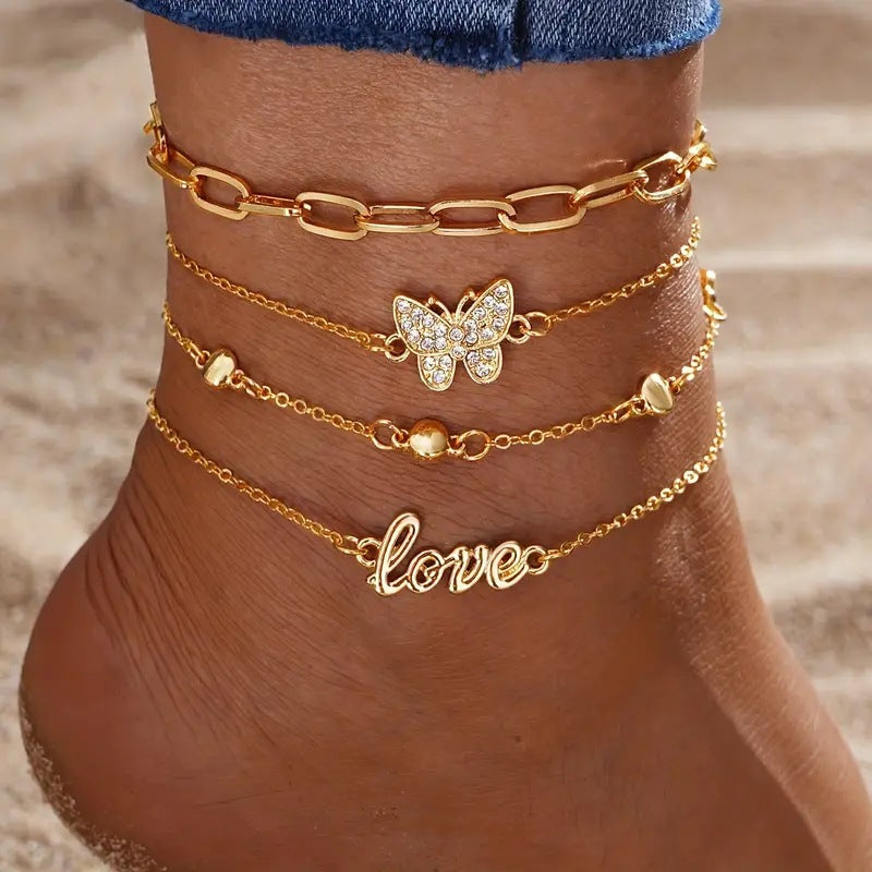 Butterfly Letter Rhinestone Anklet and Love Charm Bracelet Set