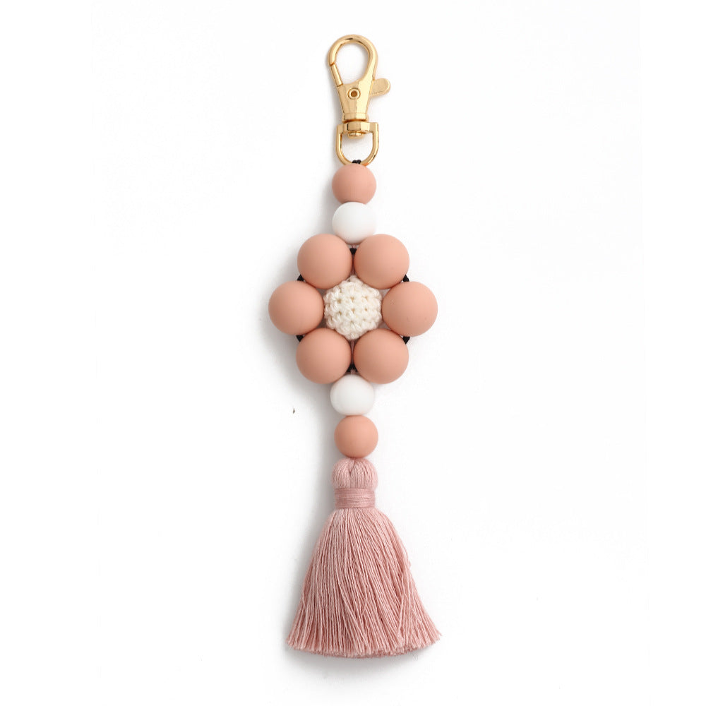 Pastoral Color Block Beaded Silicone Tassel Keychain for Women