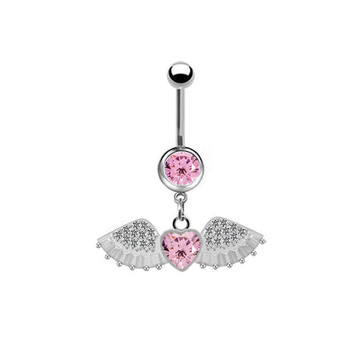 Cute Star and Heart Belly Ring with Wings - Stainless Steel and Rhinestone Design