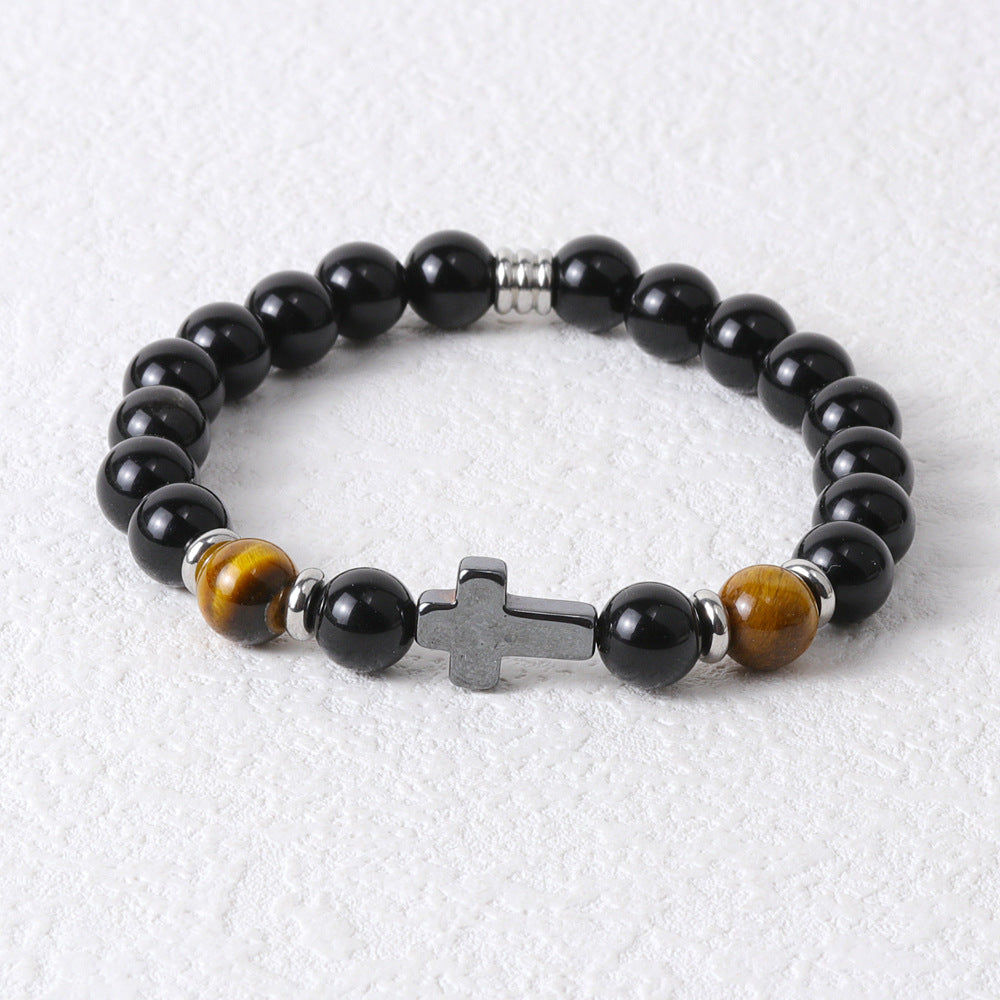 Hip-Hop Retro Natural Stone Beaded Men's Bracelet with Tiger's Eye and Black Gallstone Cross