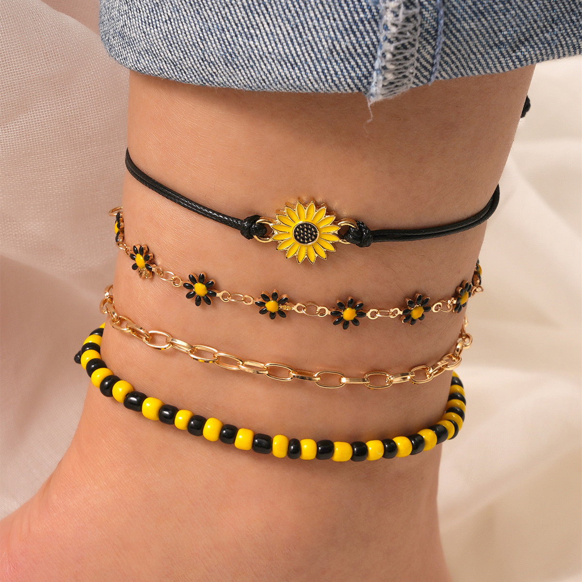 Hawaiian Vacation Daisy Flower Pendant Anklet and Bracelet Set - Enamel Beaded Design