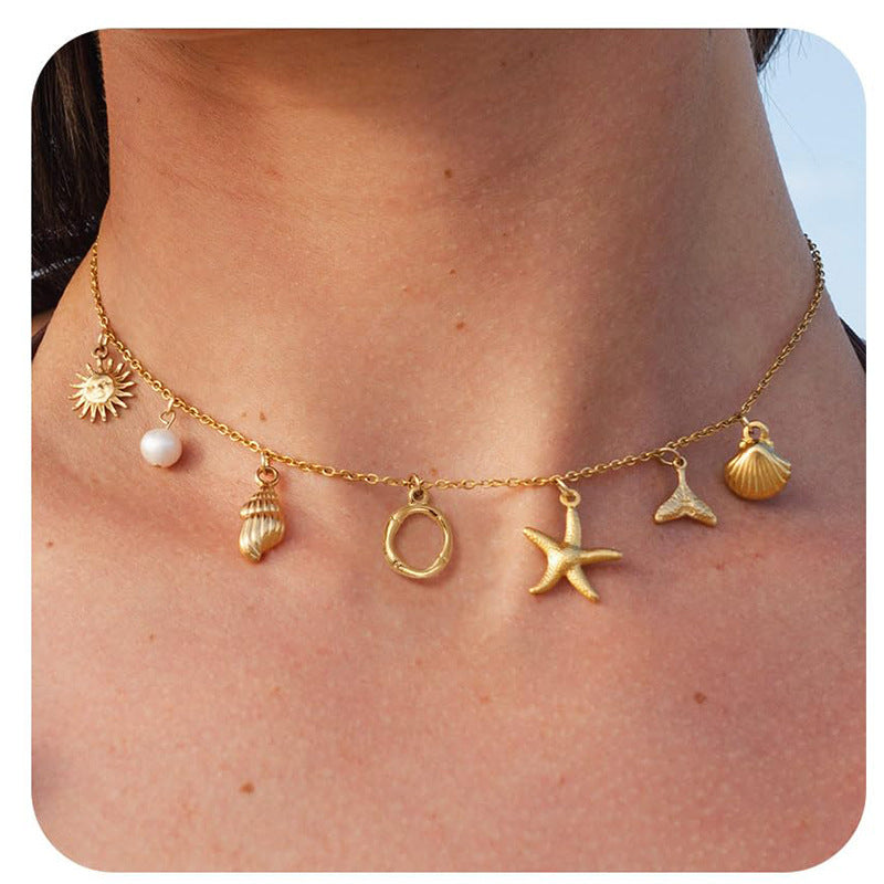 Copper Sun Starfish Pendant Necklace - Summer Beach Shell Choker