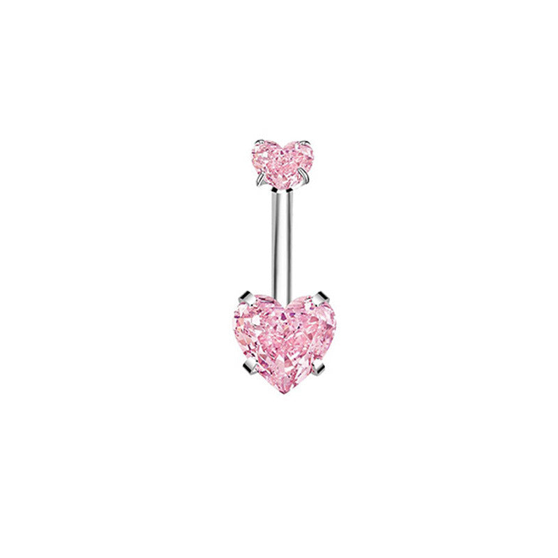 1 Piece Heart Shaped Zirconia Belly Rings Stainless Steel Inlay Rhinestones Pink Fashion Piercing Jewelry