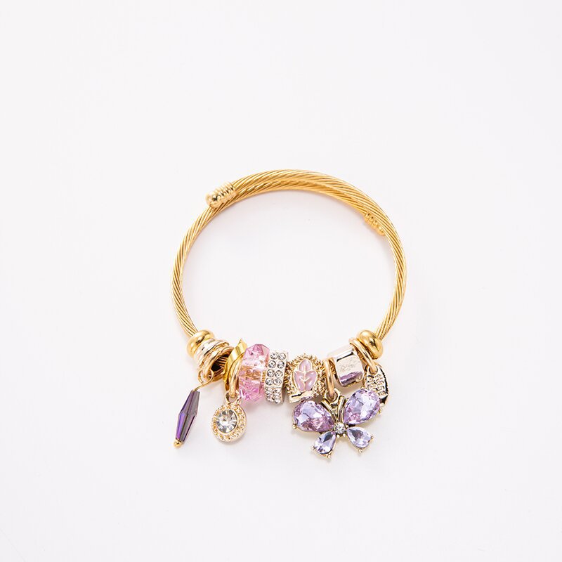 Women's Gold Stainless Steel Crystal Cuff Bracelet with Butterfly Tassel Charm