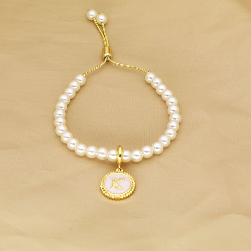 18K Gold Plated Adjustable Letter Pendant Imitation Pearl Bracelet