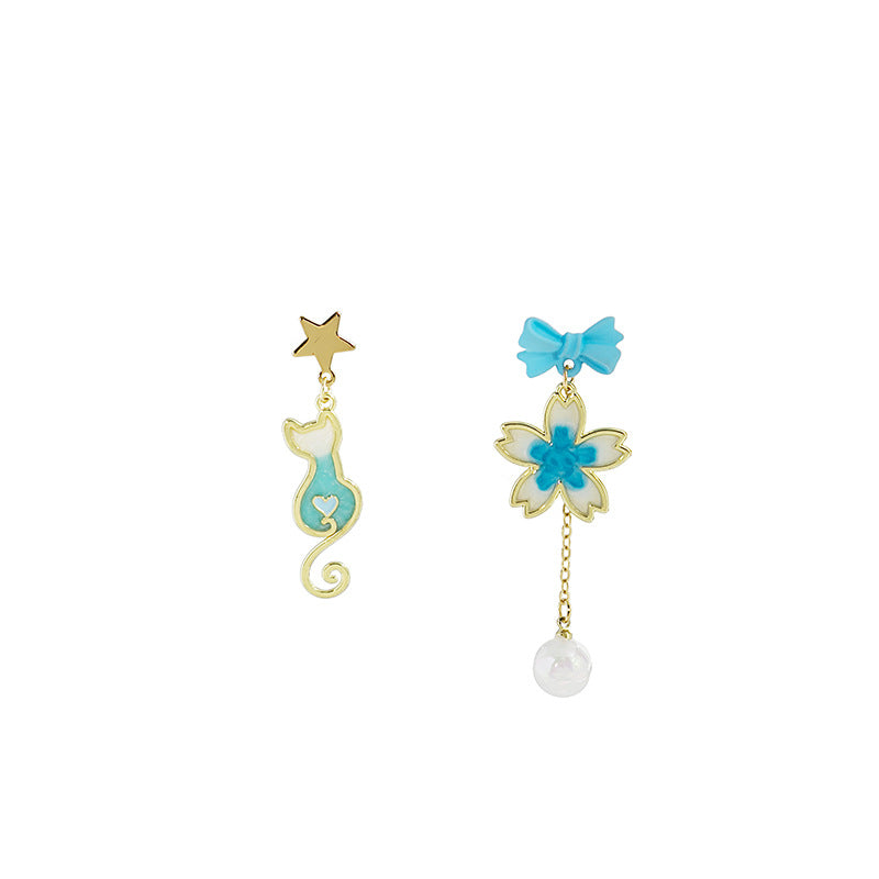 Cartoon Animal Enamel Pearl Drop Earrings with Bow and Flower Design