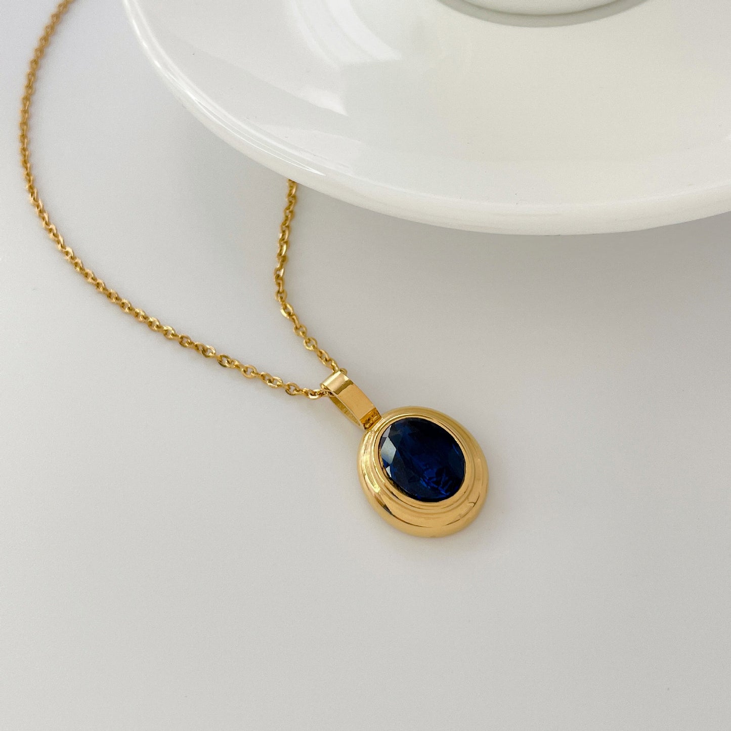 IG Style Geometric Oval Sapphire and White Zircon 18K Gold Plated Pendant Necklace