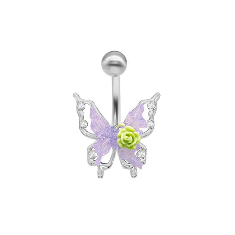 Rose Butterfly Belly Button Ring - 316 Stainless Steel with Acrylic Rhinestones, White Gold Plated