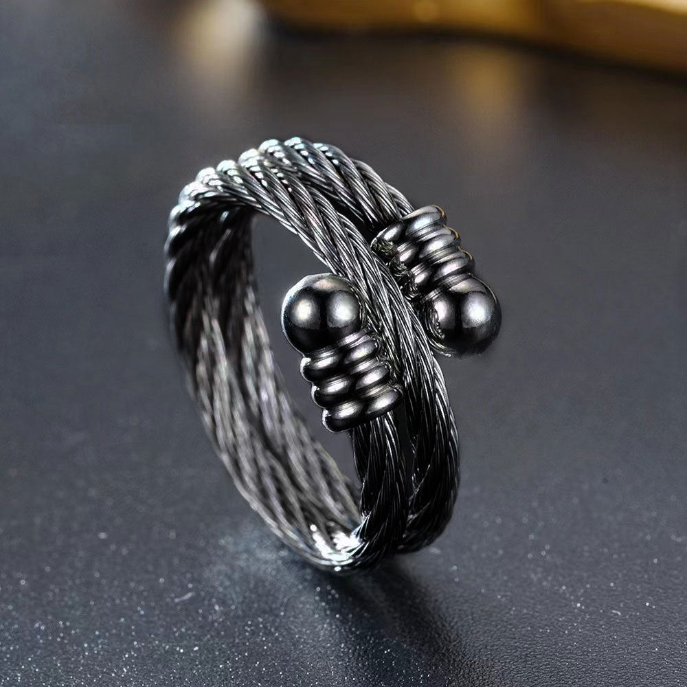 Adjustable Titanium Steel Braided Knotted Couple Ring and 24k Gold Plated Open Cuff Bracelet