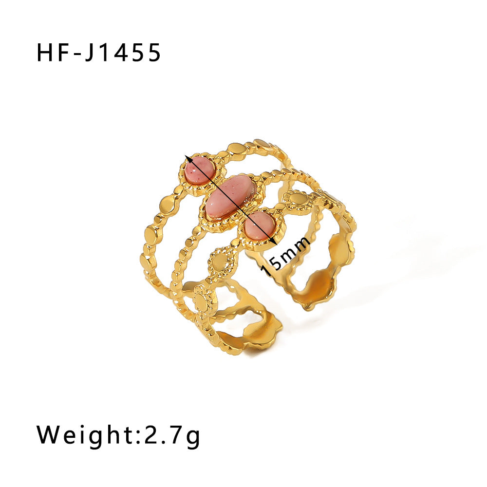 Basic Vintage Style Round Stainless Steel Plating Inlay Natural Stone 18K Gold Plated Open Rings