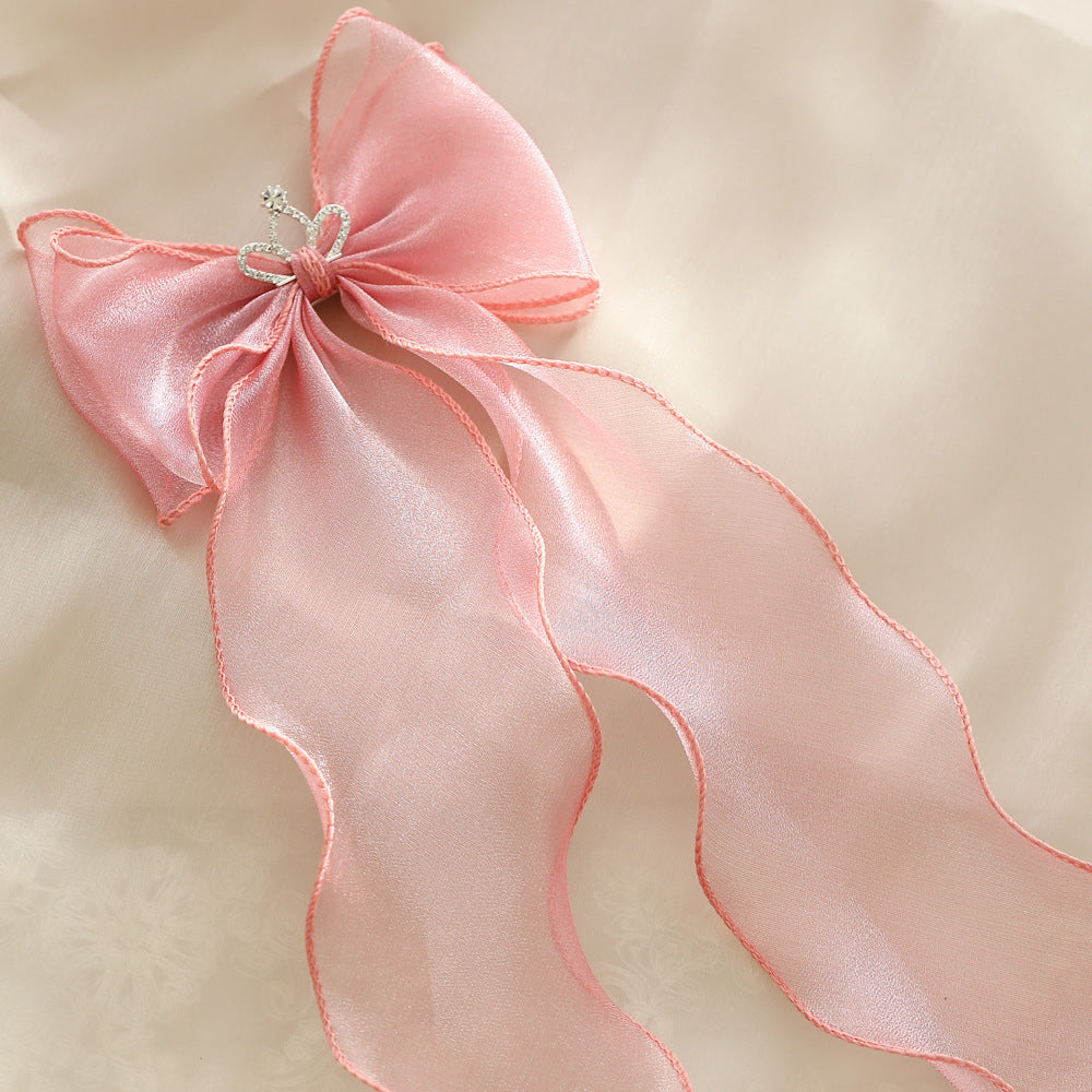 Children's Bow Knot Pearlescent Yarn Hair Clip with Long Streamers