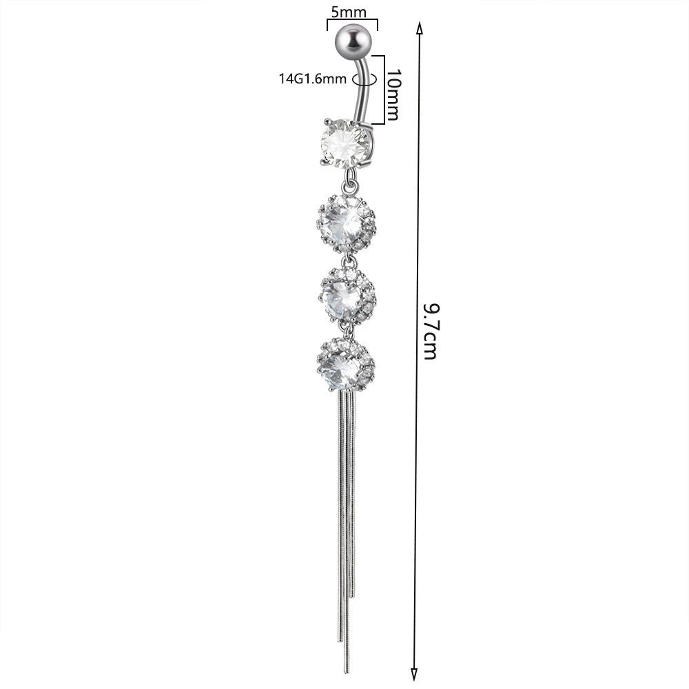 Geometric Stainless Steel Zircon Inlay Long Tassel Belly Ring with Faux Pearl