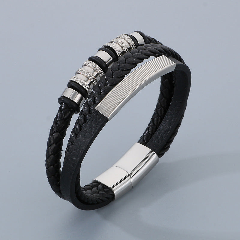 Men's Geometric Stainless Steel & Leather Bracelet with Magnetic Clasp