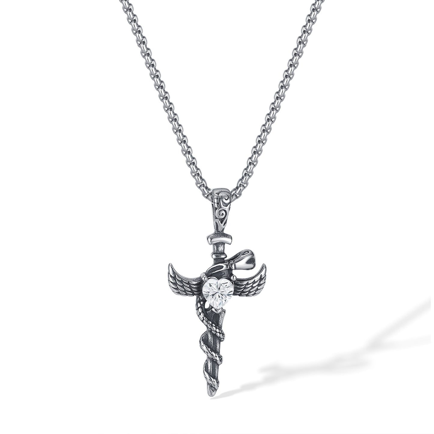 Hip-Hop Vintage Cross Heart Snake Stainless Steel Zircon Men's Pendant Necklace