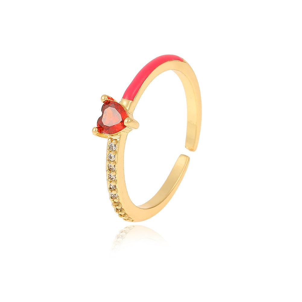 Minimalist Heart & Water Droplet Zircon Adjustable Open Ring in 18K Gold Plated Copper