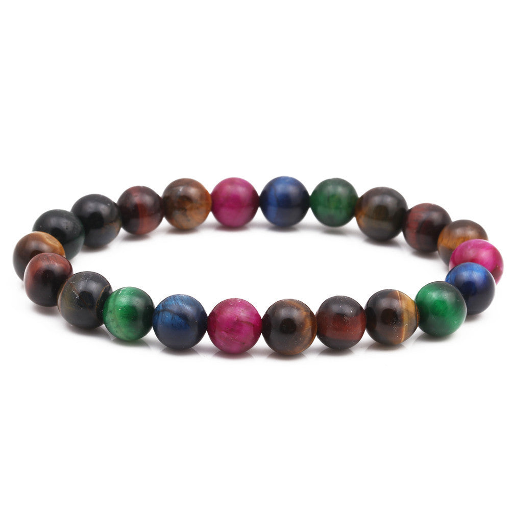 Retro Classic Round Wood Agate Beaded Bracelet with 8mm Tiger Eye and Rainbow Beads