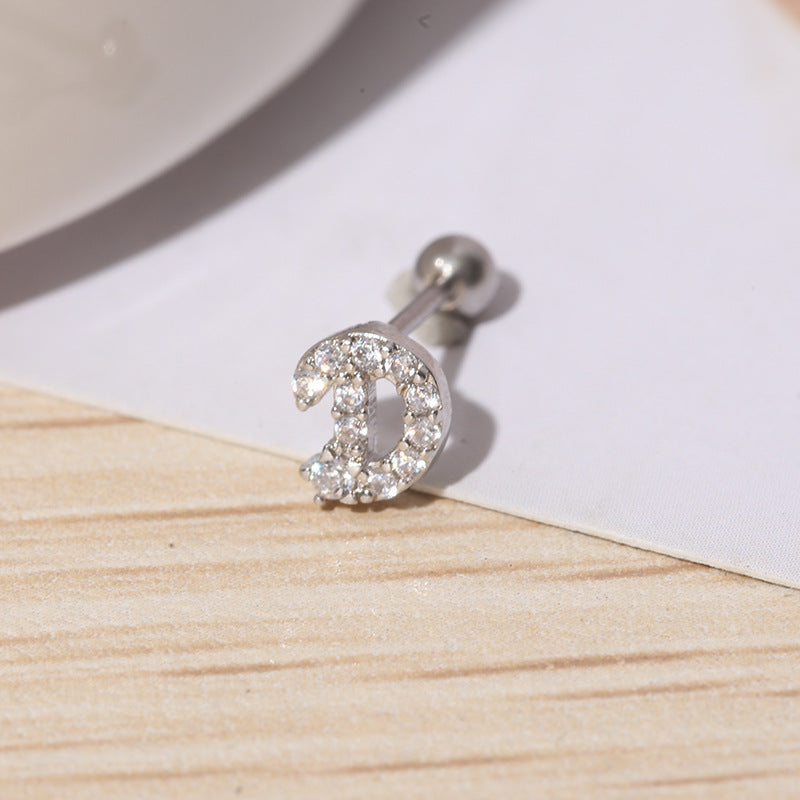 IG Style Shiny Letter Zircon Inlay Stainless Steel Cartilage Stud Earrings with Threaded Screw Closure