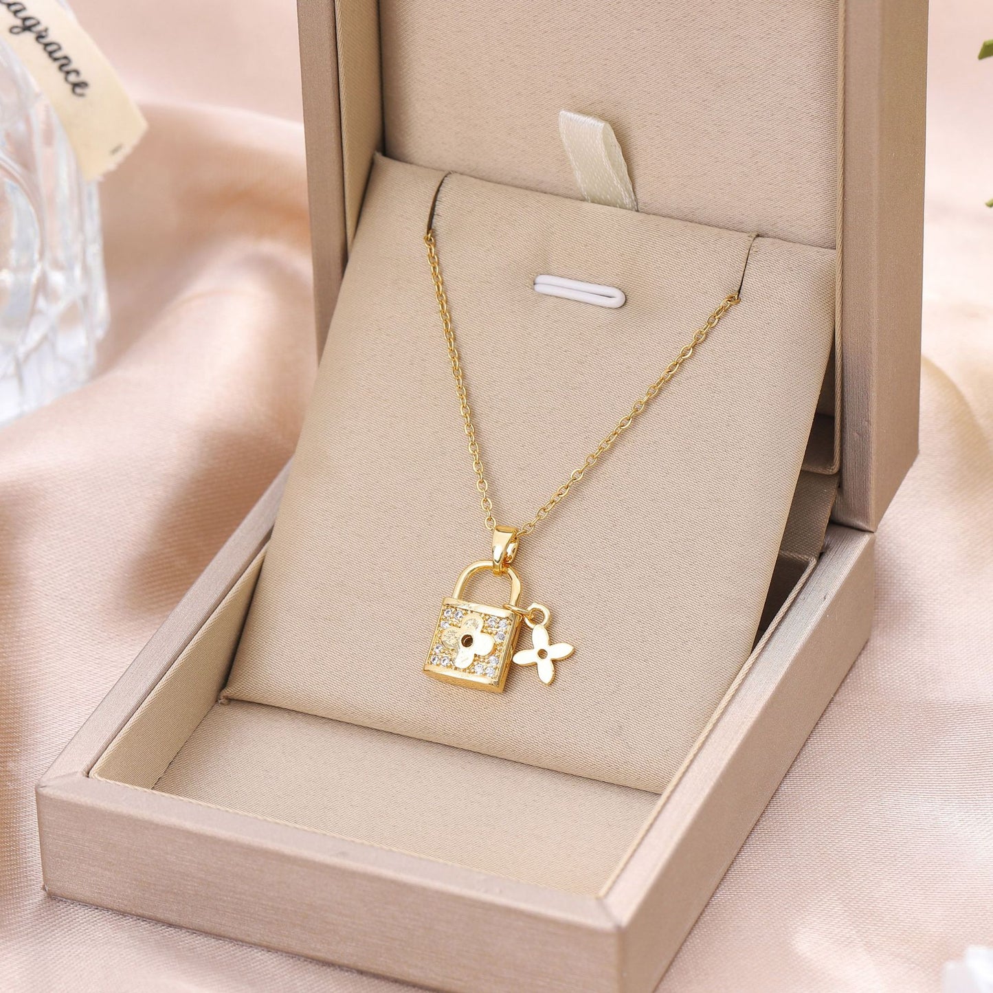 Elegant Stainless Steel Zircon Inlay Padlock Pendant Necklace